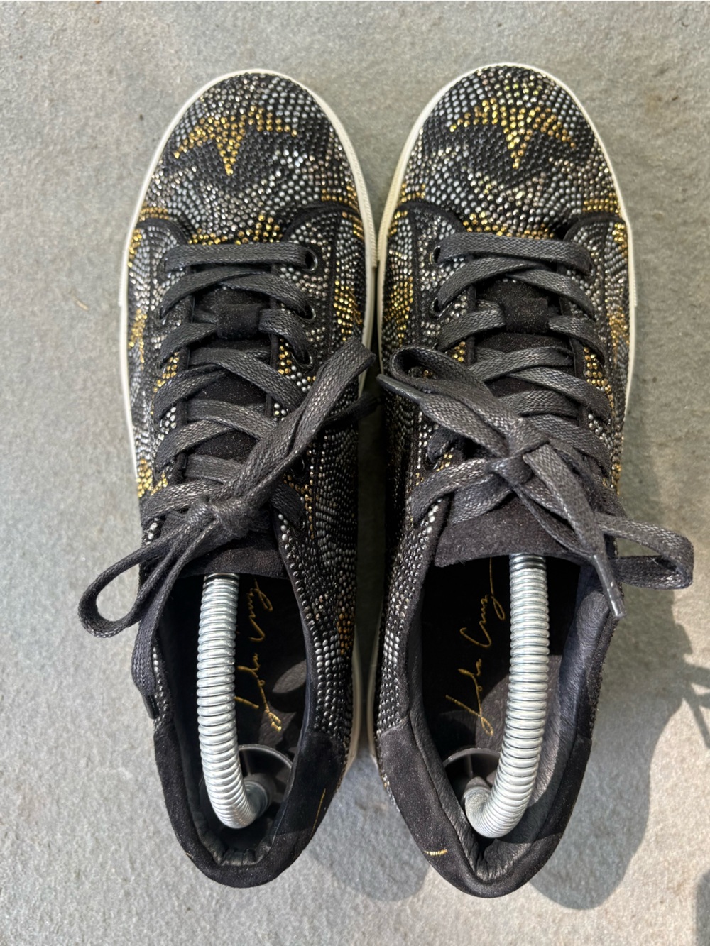 NWOT Lola Cruz Women's Crystal Rhinestone Star Sneakers Black Gold Silver, EU 40